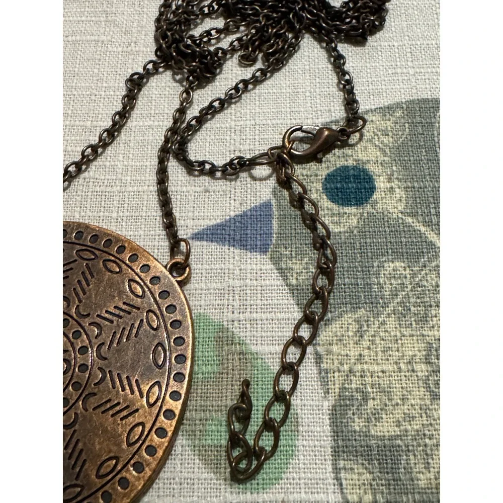 Boho Antiqued Copper Medallion Fringe Statement Necklace Geometric Tribal Drop